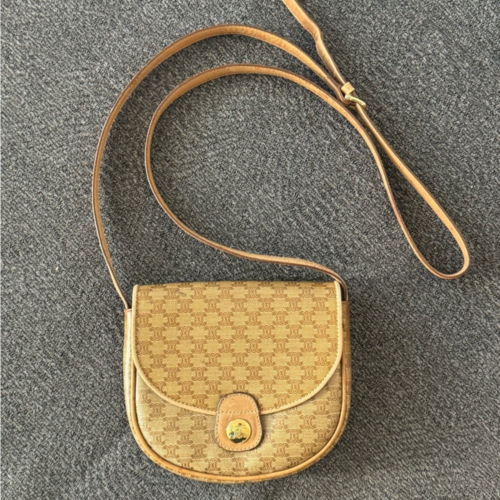 CELINE Macadam Mini Shoulder Bag Brown PVC Leather Pochette Authentic Used